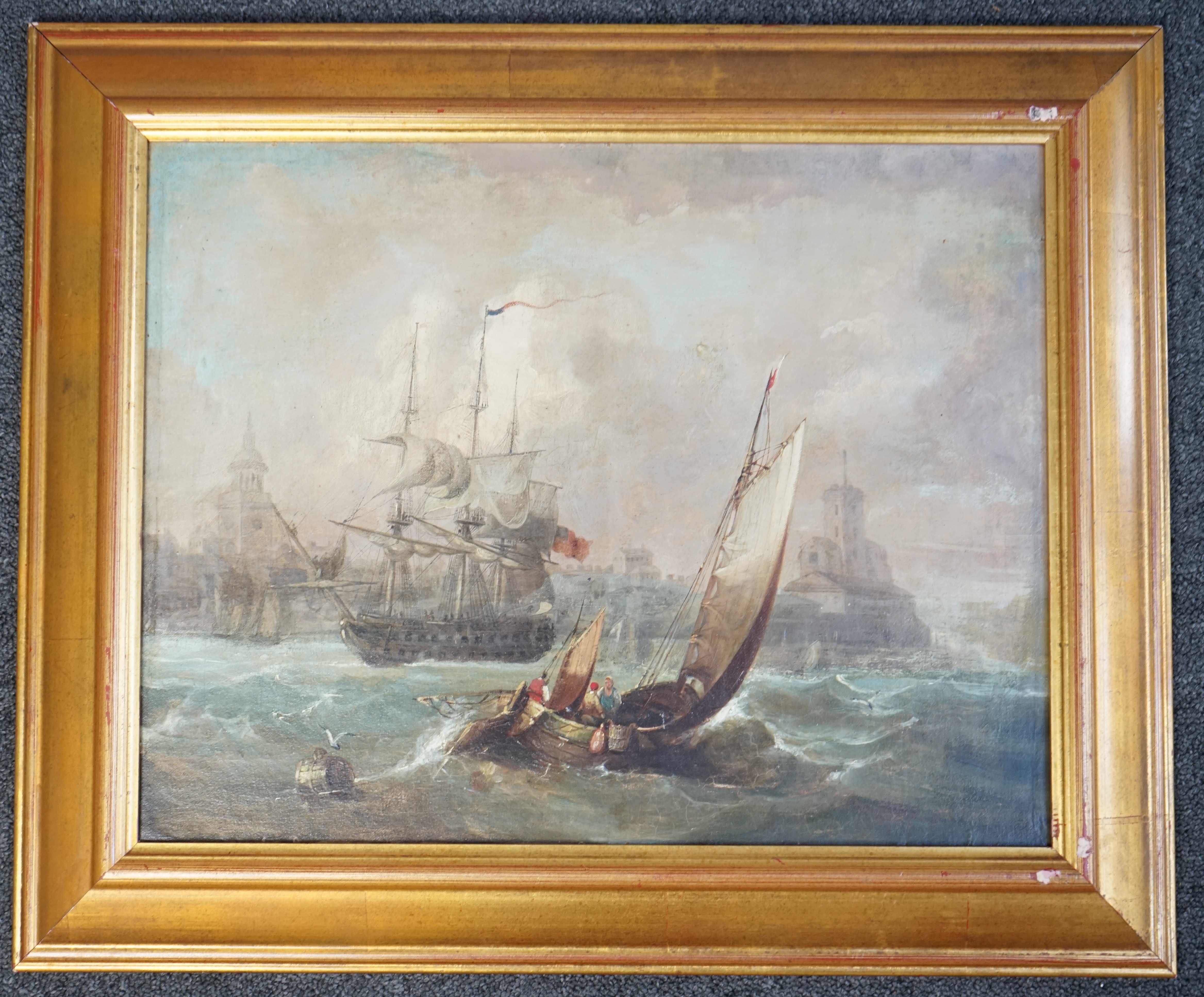 19th century English School , Shipping off a port, oil on canvas, 35 x 45cm